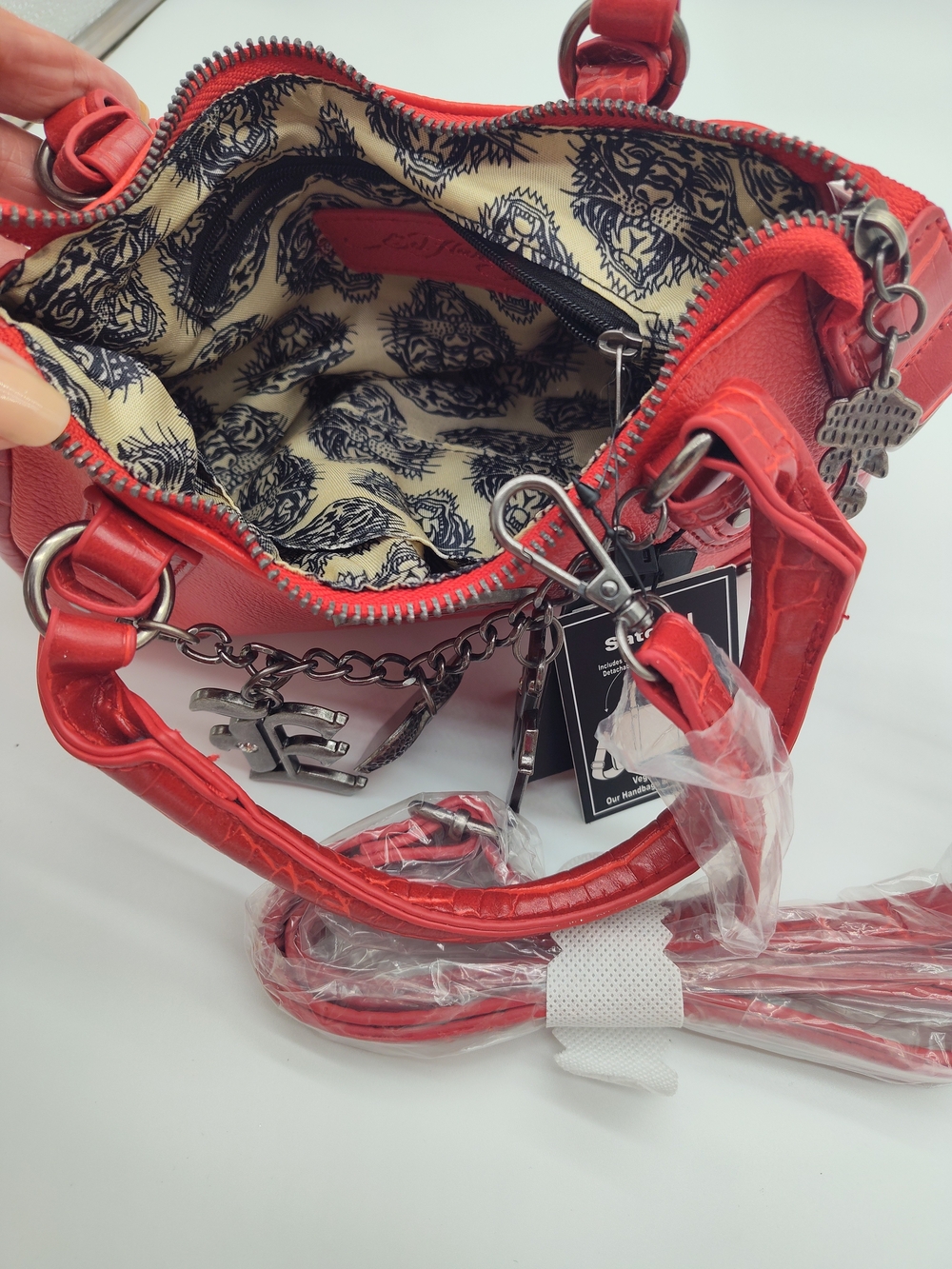 ED HARDY Red Mini Satchel Crossbody Bag NWT Love Charm Vegan Leather - Picture 11 of 16